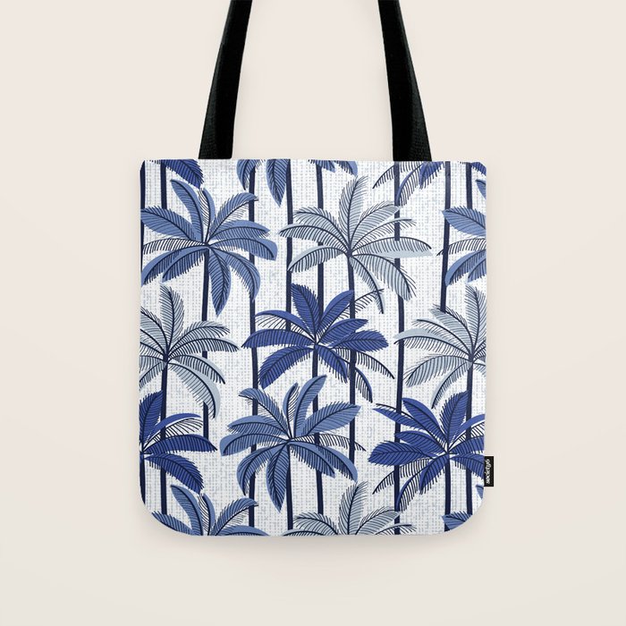 Retro Palm Springs vibes // white background highball indigo electric and pastel blue palm trees oxford navy blue lines Tote Bag Gallery Image 1