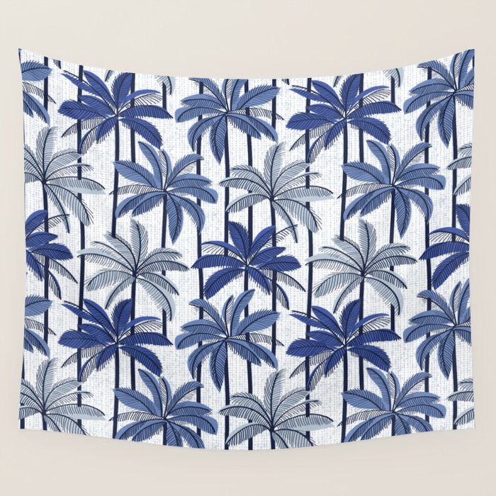 Retro Palm Springs vibes // white background highball indigo electric and pastel blue palm trees oxford navy blue lines Wall Tapestry Gallery Image 4