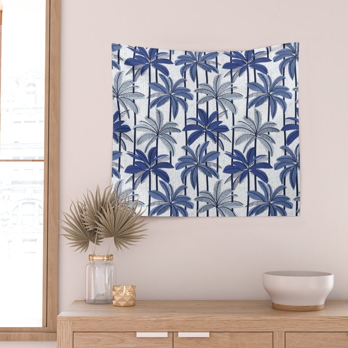 Retro Palm Springs vibes // white background highball indigo electric and pastel blue palm trees oxford navy blue lines Wall Tapestry Gallery Image 2