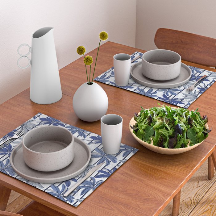 Retro Palm Springs vibes // white background highball indigo electric and pastel blue palm trees oxford navy blue lines Placemat Gallery Image 2