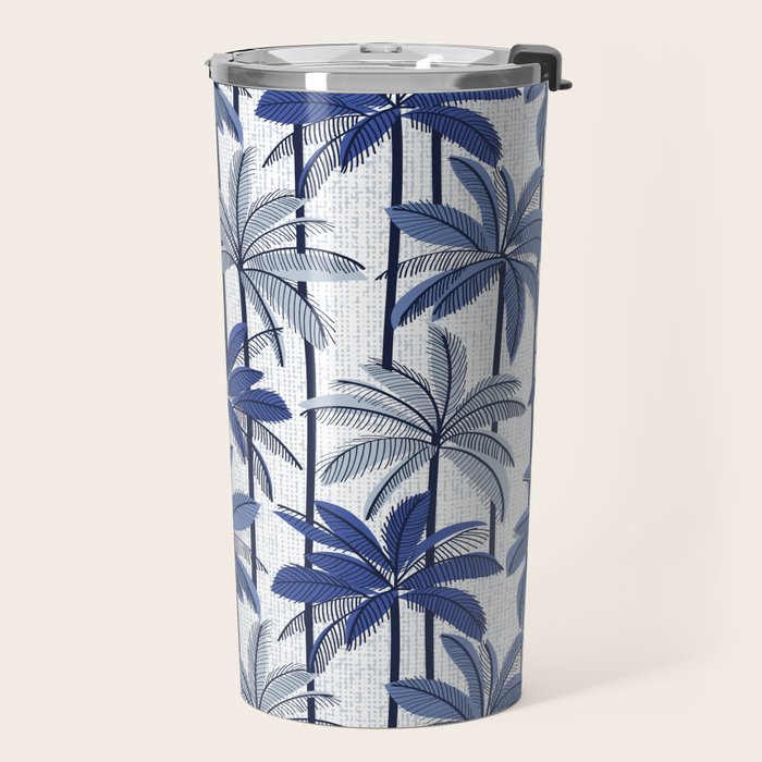 Retro Palm Springs vibes // white background highball indigo electric and pastel blue palm trees oxford navy blue lines Travel Mug Gallery Image 2