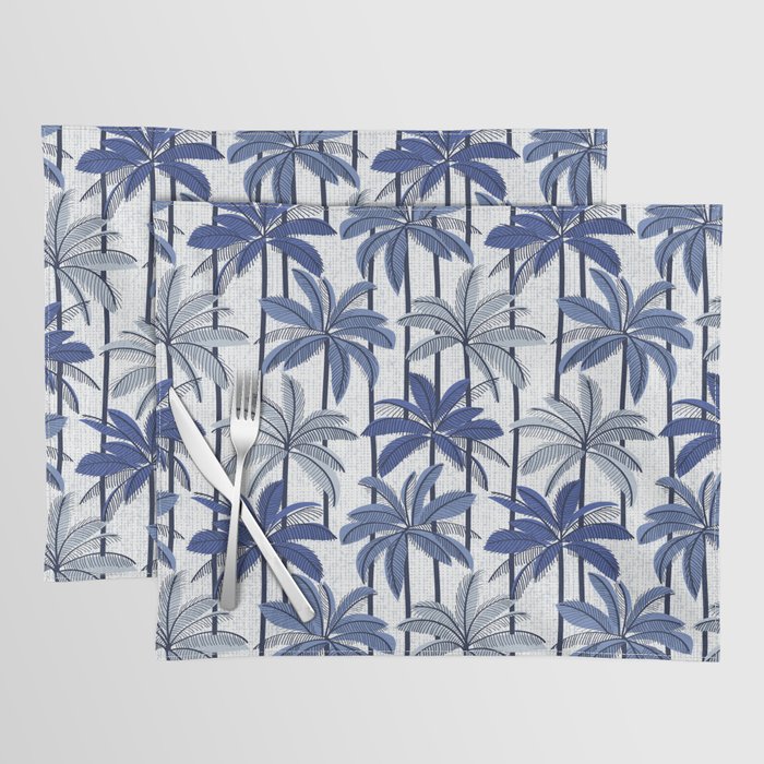 Retro Palm Springs vibes // white background highball indigo electric and pastel blue palm trees oxford navy blue lines Placemat Gallery Image 1
