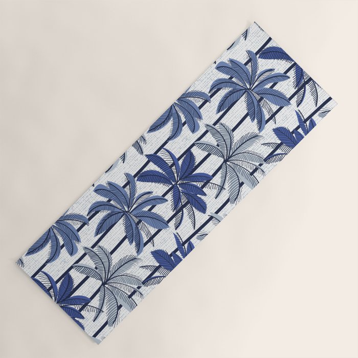 Retro Palm Springs vibes // white background highball indigo electric and pastel blue palm trees oxford navy blue lines Yoga Mat Gallery Image 1