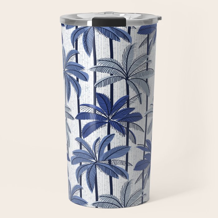 Retro Palm Springs vibes // white background highball indigo electric and pastel blue palm trees oxford navy blue lines Travel Mug Gallery Image 1