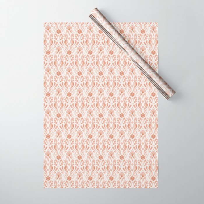 Seahorse Damask  Peachy Pink Wrapping Paper Gallery Image 1