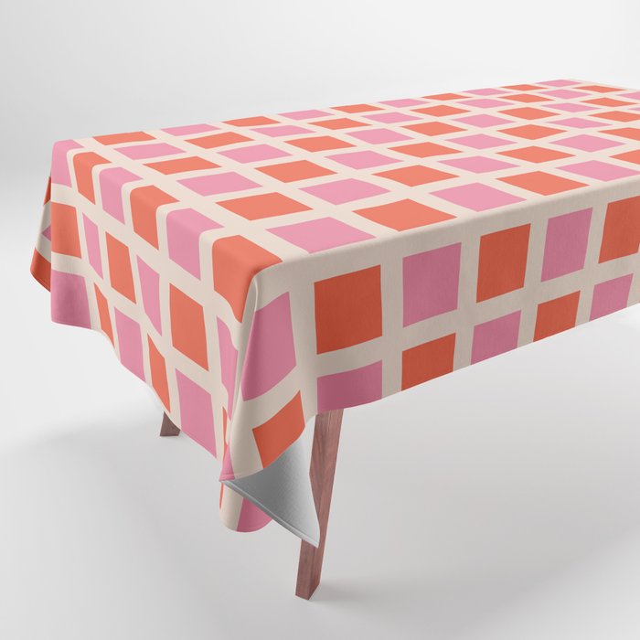 Retro Check Thick Grid Pattern 2 Bright Pink Orange Cream Tablecloth Gallery Image 1