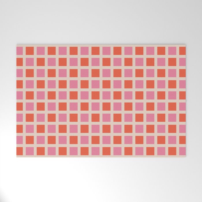 Retro Check Thick Grid Pattern 2 Bright Pink Orange Cream Welcome Mat Gallery Image 1