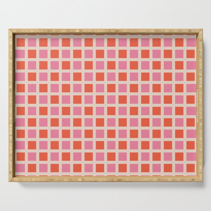 Retro Check Thick Grid Pattern 2 Bright Pink Orange Cream Serving Tray Gallery Image 1