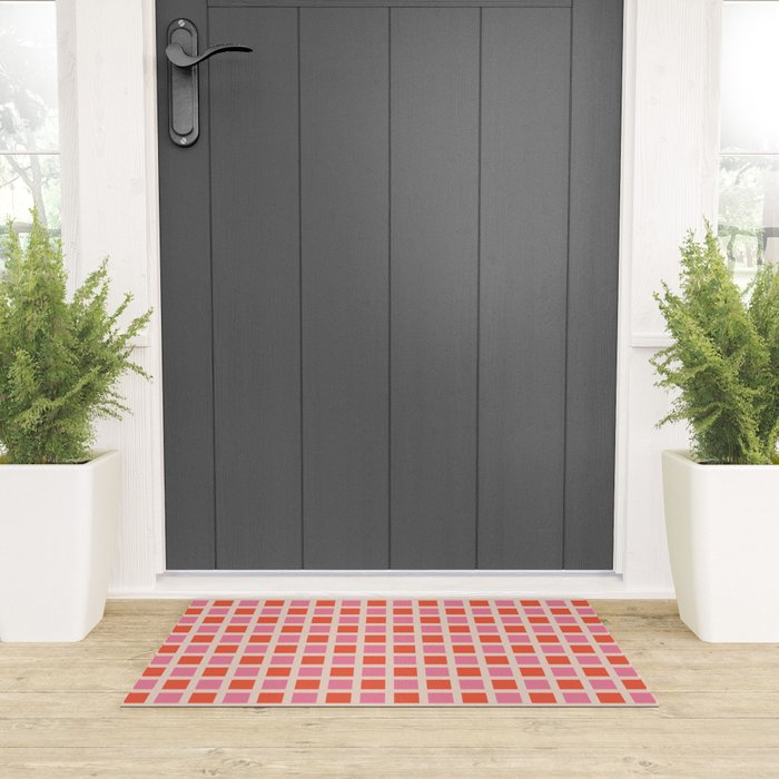 Retro Check Thick Grid Pattern 2 Bright Pink Orange Cream Welcome Mat Gallery Image 3