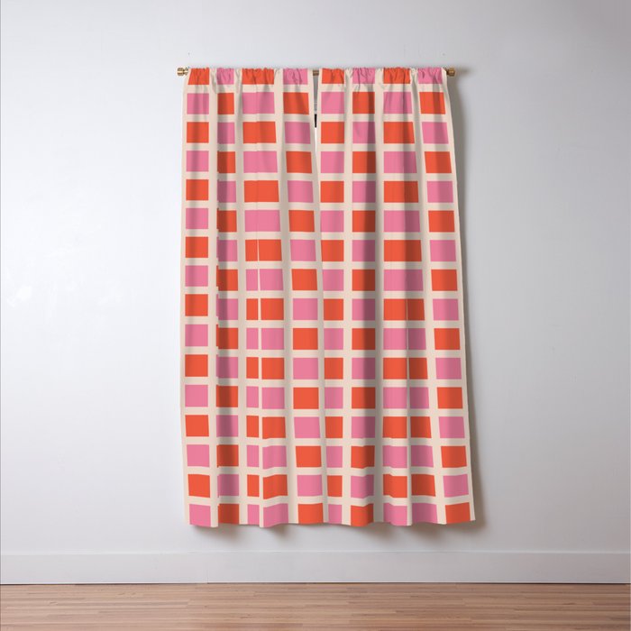 Retro Check Thick Grid Pattern 2 Bright Pink Orange Cream Window Curtain Gallery Image 3