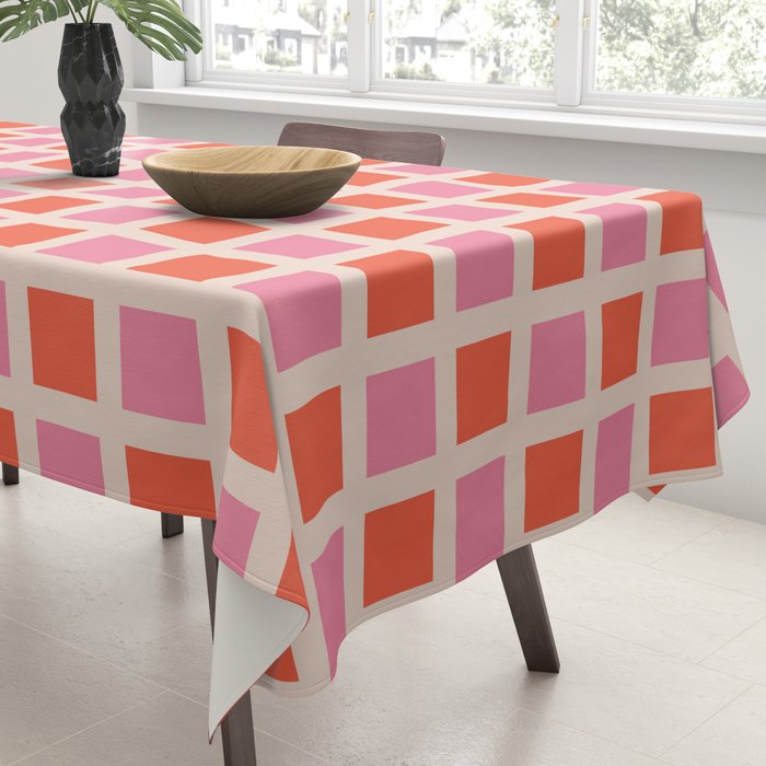 Retro Check Thick Grid Pattern 2 Bright Pink Orange Cream Tablecloth Gallery Image 3