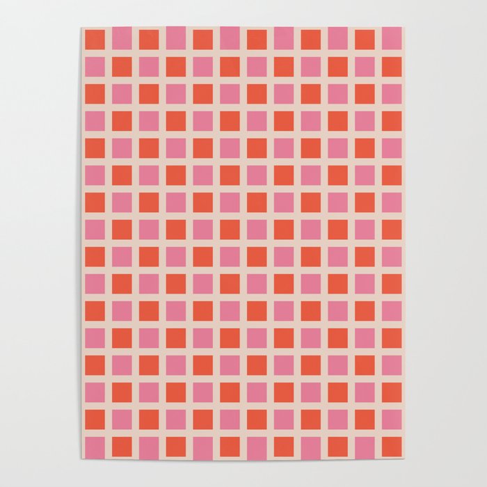 Retro Check Thick Grid Pattern 2 Bright Pink Orange Cream Poster Gallery Image 4
