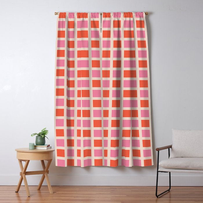 Retro Check Thick Grid Pattern 2 Bright Pink Orange Cream Window Curtain Gallery Image 5