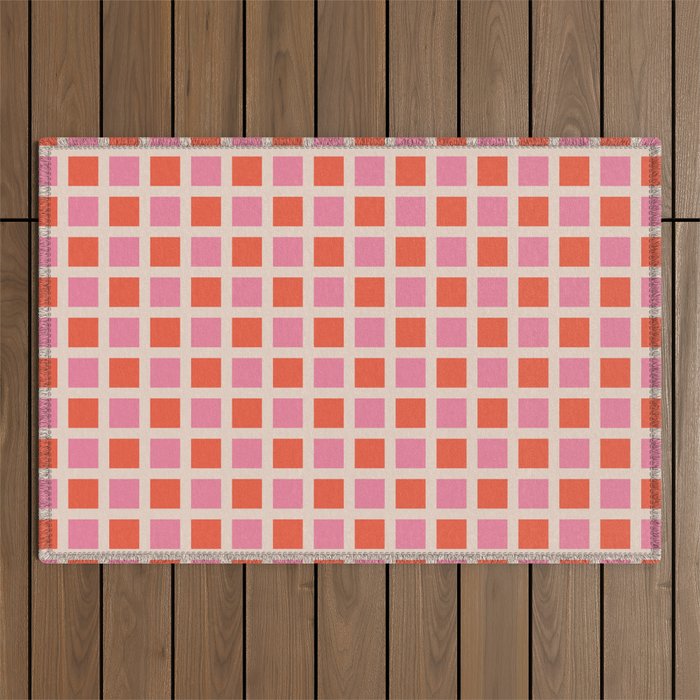 Retro Check Thick Grid Pattern 2 Bright Pink Orange Cream Outdoor Rug Gallery Image 1