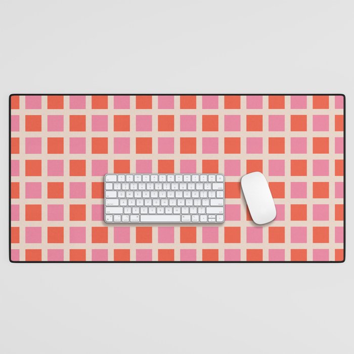 Retro Check Thick Grid Pattern 2 Bright Pink Orange Cream Desk Mat Gallery Image 1