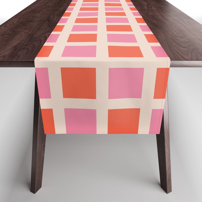 Retro Check Thick Grid Pattern 2 Bright Pink Orange Cream Table Runner Gallery Image 1