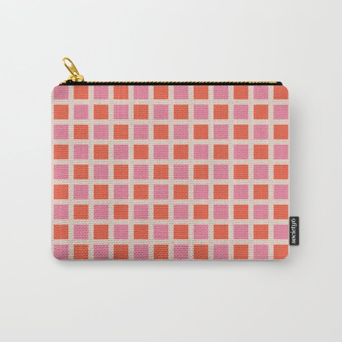 Retro Check Thick Grid Pattern 2 Bright Pink Orange Cream Carry All Pouch Gallery Image 1