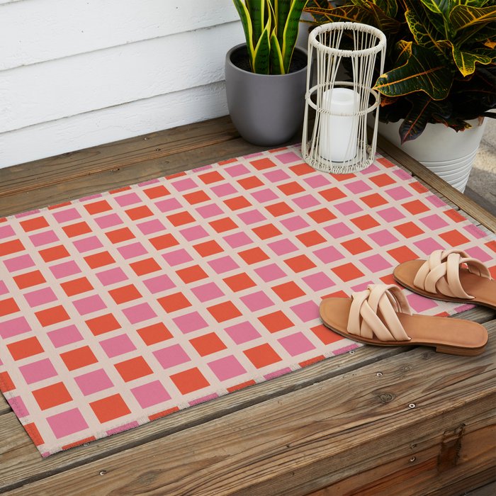 Retro Check Thick Grid Pattern 2 Bright Pink Orange Cream Outdoor Rug Gallery Image 2