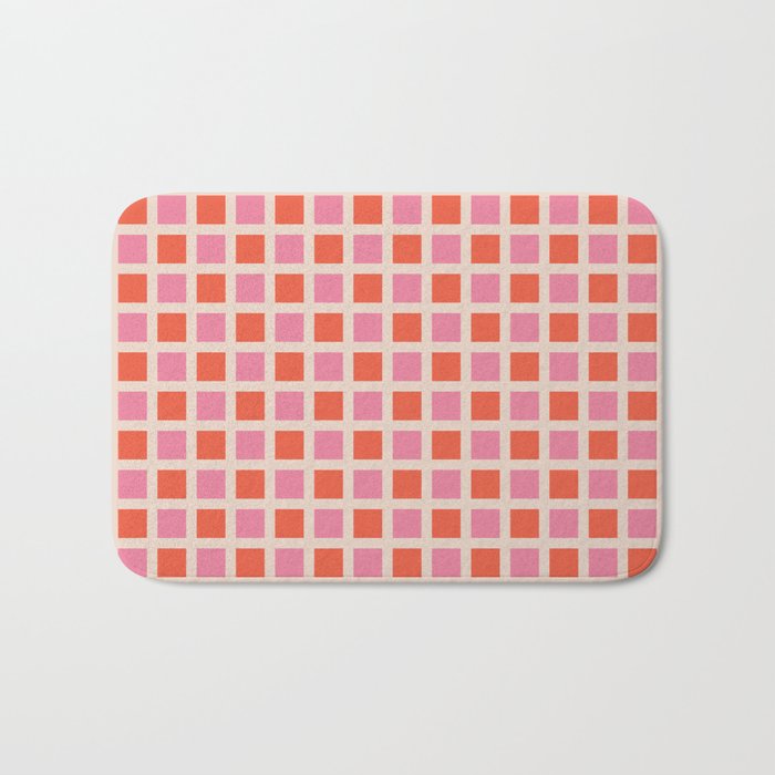 Retro Check Thick Grid Pattern 2 Bright Pink Orange Cream Bath Mat Gallery Image 1