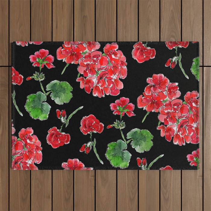 Red Geranium With Black Background Outdoor Rug