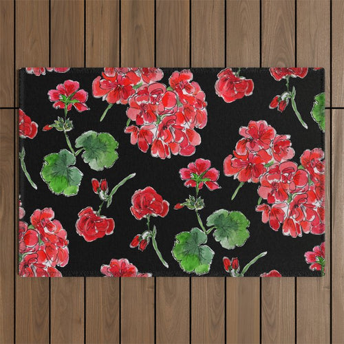 Red Geranium With Black Background Outdoor Rug Gallery Image 1