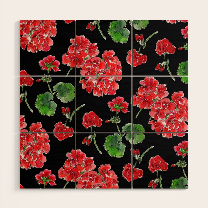 Red Geranium with black background Wood Wall Art Gallery Image 1