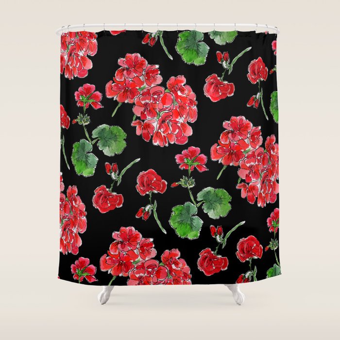 Red Geranium with black background Shower Curtain Gallery Image 1