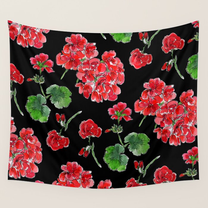 Red Geranium with black background Wall Tapestry Gallery Image 1