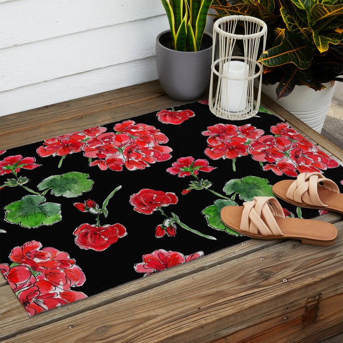 Red Geranium with black background Outdoor Rug Gallery Image 2