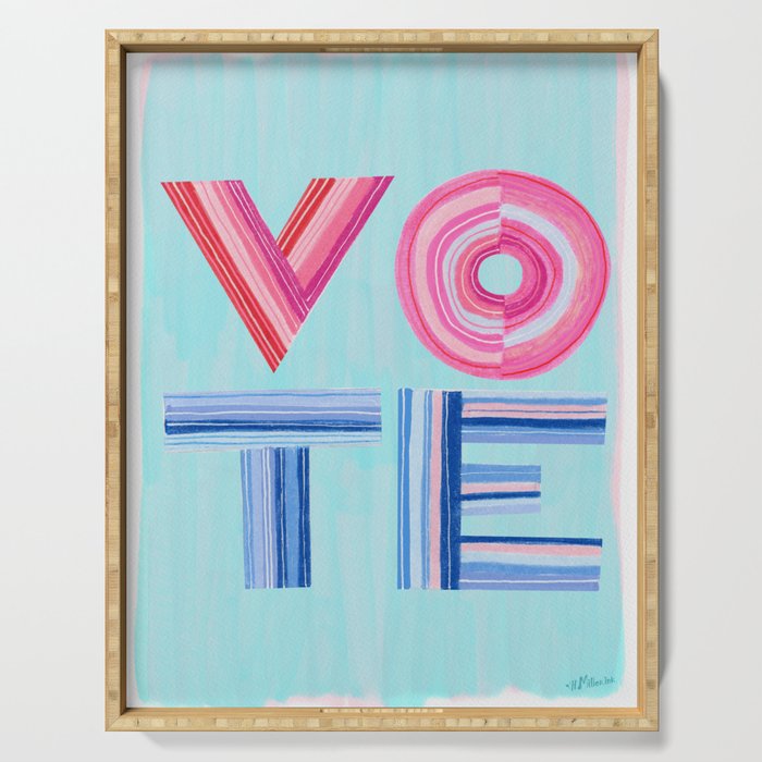 Vote Hand Lettering on Blue Watercolor Background Serving Tray Gallery Image 1