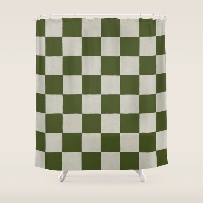checkerboard hand-painted-olive Shower Curtain Gallery Image 1