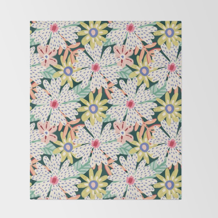 Summer Bloom - Dark Green Background  Throw Blanket Gallery Image 2