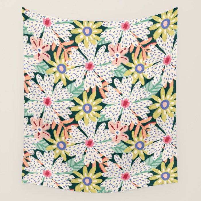 Summer Bloom - Dark Green Background  Wall Tapestry Gallery Image 4