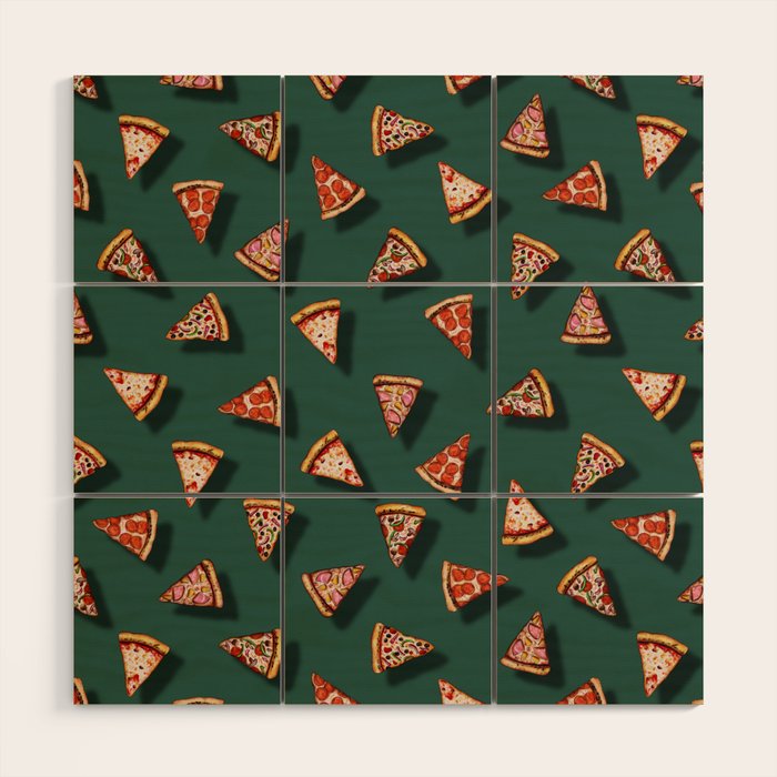 Pizza Party Pattern - Floating Pizza Slices on Teal Wood Wall Art Gallery Image 1