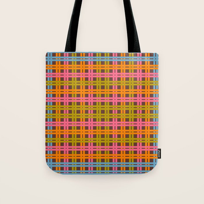Eclectic and Colorful Woven Stripes Retro Contemporary Pattern in Brown Lime Pink Orange Blue Tote Bag Gallery Image 1