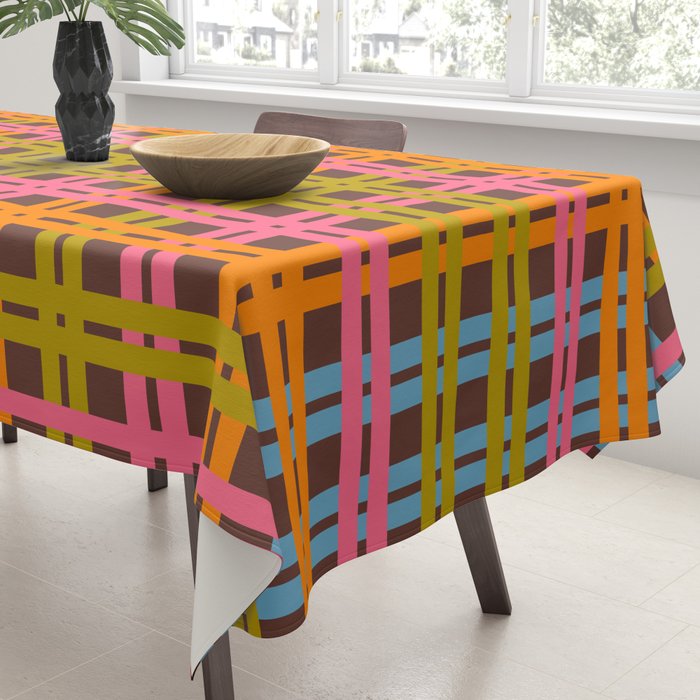 Eclectic and Colorful Woven Stripes Retro Contemporary Pattern in Brown Lime Pink Orange Blue Tablecloth Gallery Image 3