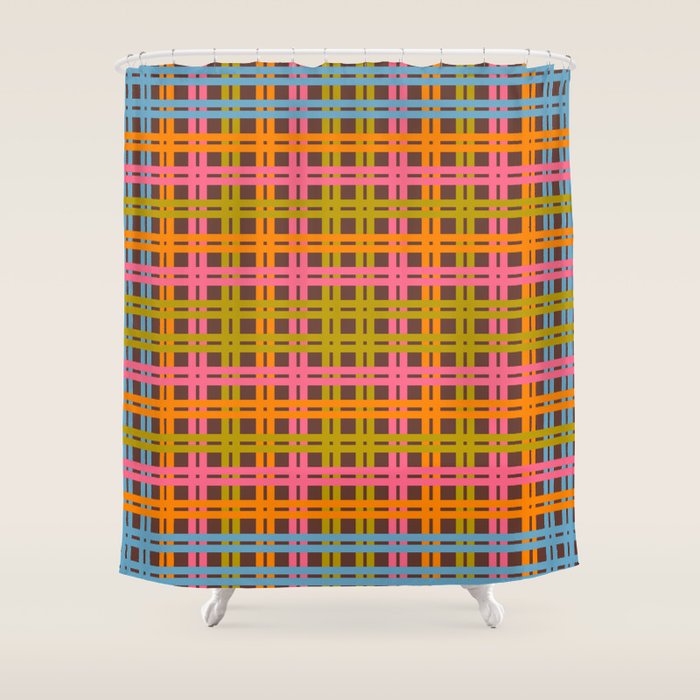 Eclectic and Colorful Woven Stripes Retro Contemporary Pattern in Brown Lime Pink Orange Blue Shower Curtain Gallery Image 1