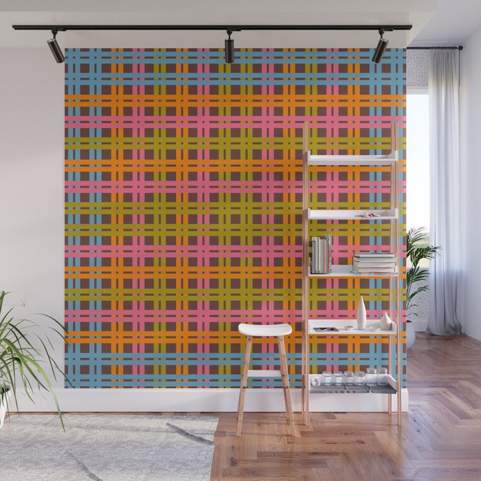 Eclectic and Colorful Woven Stripes Retro Contemporary Pattern in Brown Lime Pink Orange Blue Wall Mural Gallery Image 1