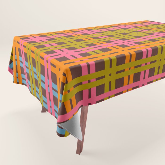 Eclectic and Colorful Woven Stripes Retro Contemporary Pattern in Brown Lime Pink Orange Blue Tablecloth Gallery Image 1