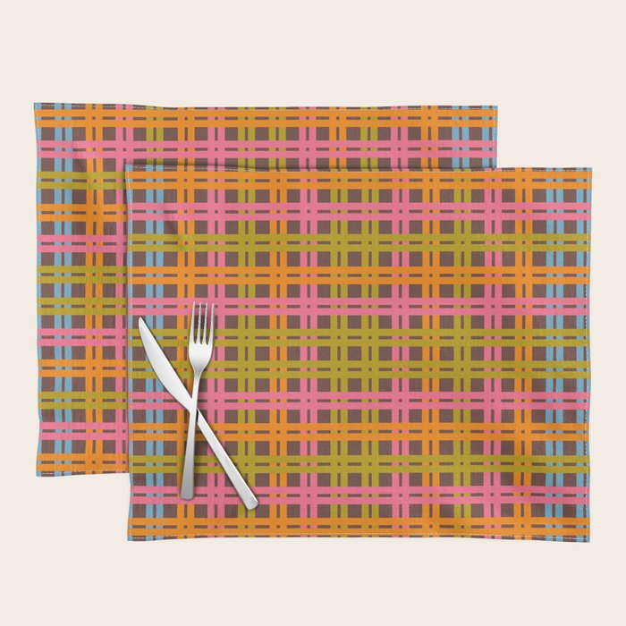 Eclectic and Colorful Woven Stripes Retro Contemporary Pattern in Brown Lime Pink Orange Blue Placemat Gallery Image 1