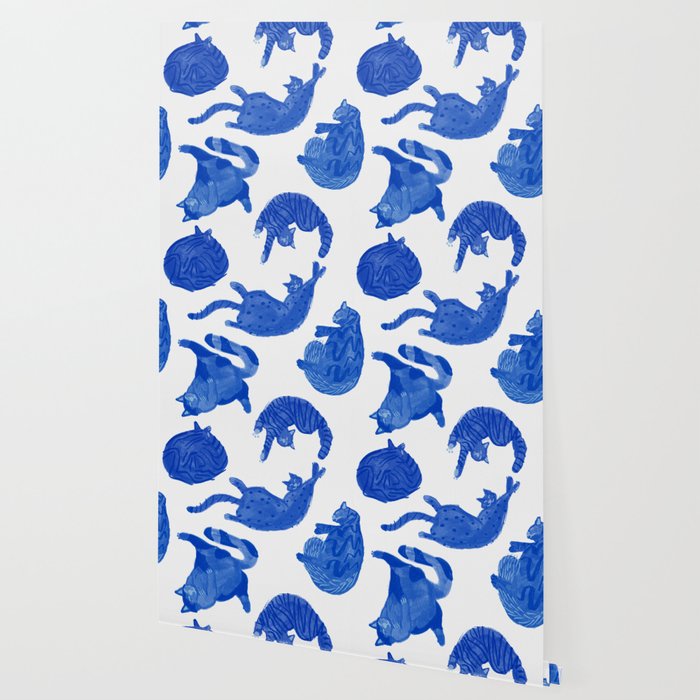 Sleepy Cozy Kitty Cats in Royal Blue & White Wallpaper Gallery Image 2
