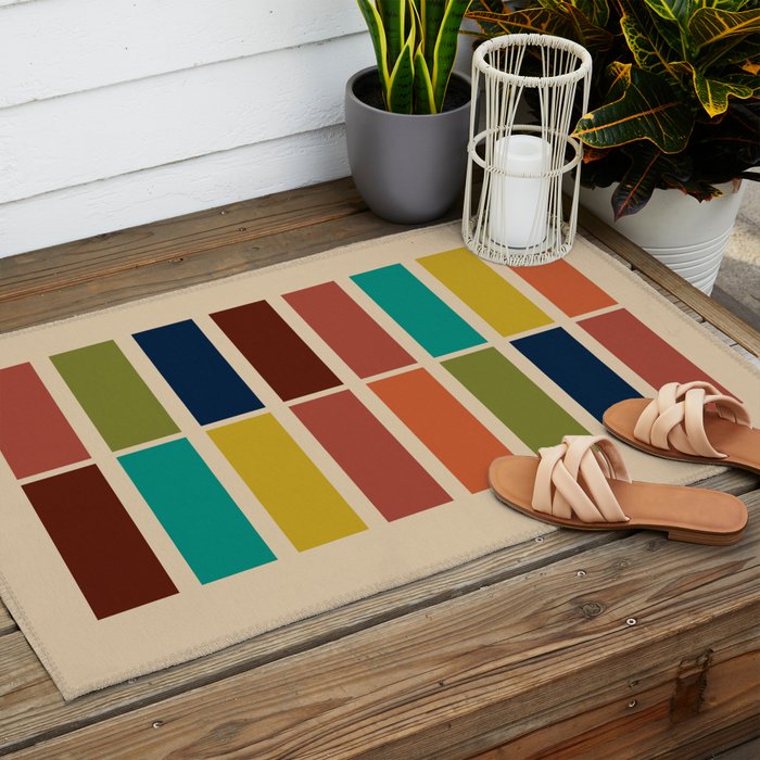 Nelson Blocks II - Midcentury Modern Geometric in Mid Century Mod Mustard, Olive, Teal, Orange, Beige Outdoor Rug Gallery Image 2