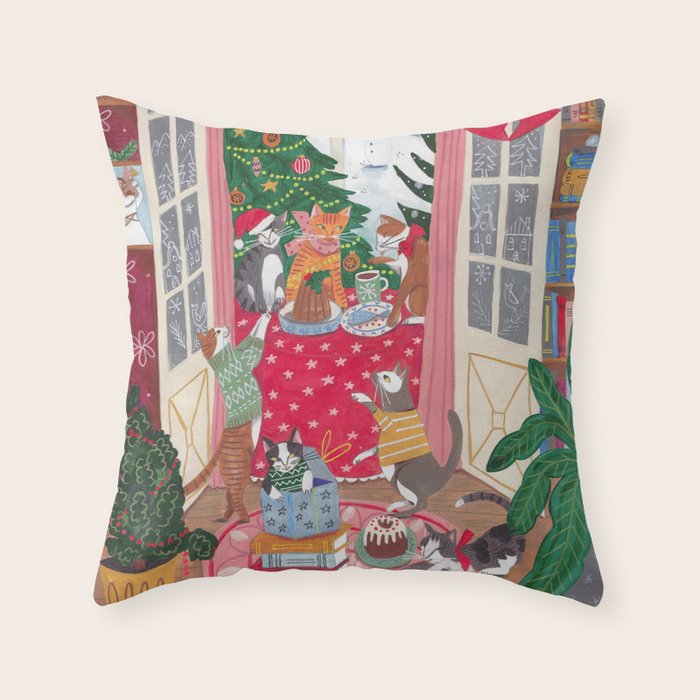 Cats in the Window at a Snowy Christmas in Bright Colours Throw Pillow Gallery Image 1