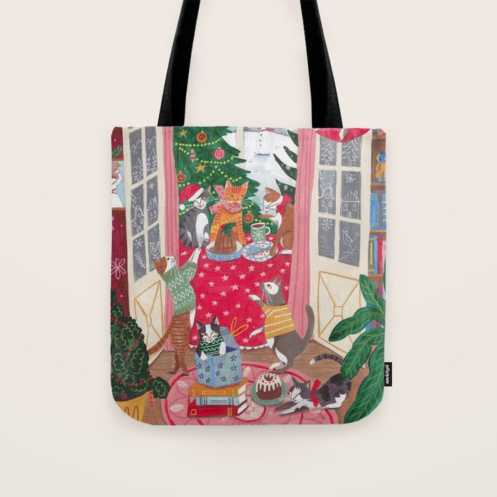 Cats in the Window at a Snowy Christmas in Bright Colours Tote Bag Gallery Image 1