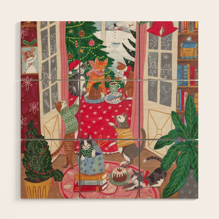 Cats in the Window at a Snowy Christmas in Bright Colours Wood Wall Art Gallery Image 1