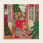 Cats in the Window at a Snowy Christmas in Bright Colours Wood Wall Art Gallery Image 1