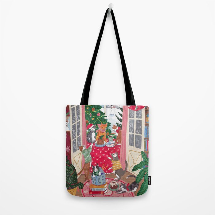 Cats in the Window at a Snowy Christmas in Bright Colours Tote Bag Gallery Image 2