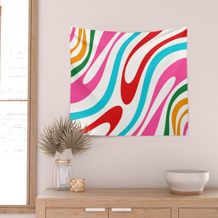 Abstract Wavy Loops Colorful Whimsical Retro Modern Pattern Wall Tapestry Gallery Image 2