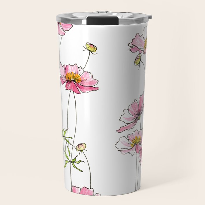 Pink Cosmos Flowers Travel Mug Gallery Image 1