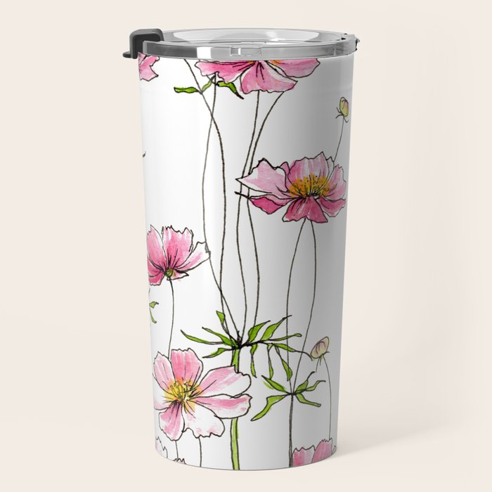 Pink Cosmos Flowers Travel Mug Gallery Image 3